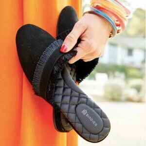 BIRDIES Ani Fringe Black Leather Suede Slip On Mule Flats 7.5 Fringey Classic